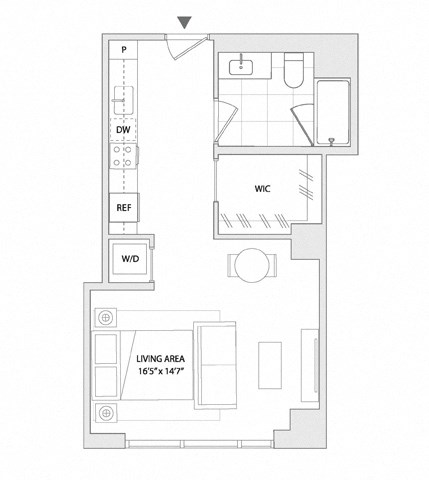 Floor plan for studio, 1 bath, 473 sqft